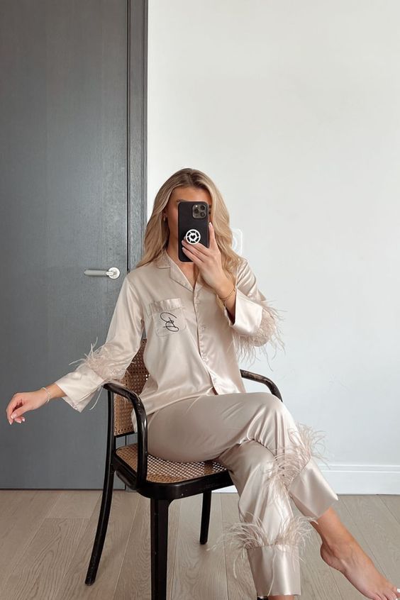 a nude silk pajamas set with feathers and a monogram is a pretty and cool idea with a subtle touch of color