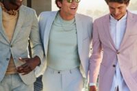15 neutral and pastel pantsuits, a shirt and neutral t-shirts and some accessories are perfect for summer wedding guest looks