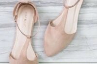15 nude suede flat shoes with T straps look stylish and will provide you with comfort adding a slight retro feel to the look