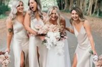 16 comfy and cool neutral slip midi bridesmaid dresses with front slits and V-necklines plus nude heels for a spring or summer wedding