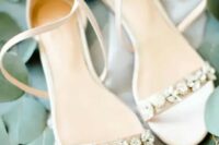 16 delicate creamy low heel wedding shoes with floral rhinestones and leaves plus straps are amazing for a spring or summer bridal look