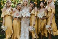 16 lovely off the shoulder yellow midi bridesmaid dresses with ruffles are perfect for a boho wedding