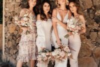 17 chic mismatching neutral bridesmaid dresses of midi length in blush and creamy plus nude shoes are spring or summer perfection