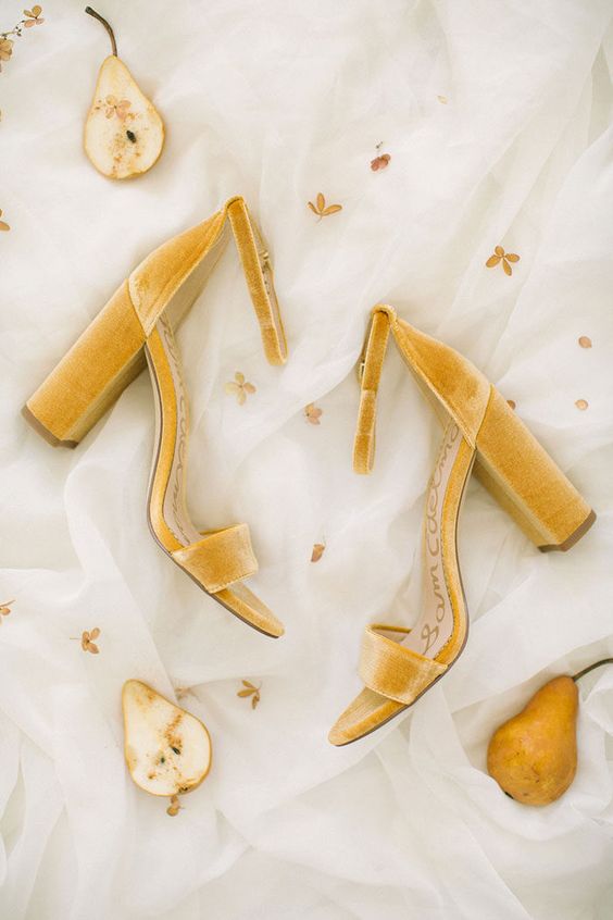 elegant yellow block velvet heels are a great idea for spring, summer and fall wedding, they are very comfy in wearing
