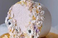 18 a romantic blush top forward wedding cake decorated with gold pearls and lots of sugar blooms is a lovely idea for a spring or summer wedding