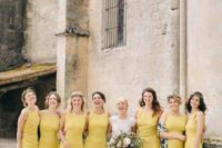 18 elegant sleeveless yellow sheath bridesmaid dresses with side slits are pure elegance and modern chic