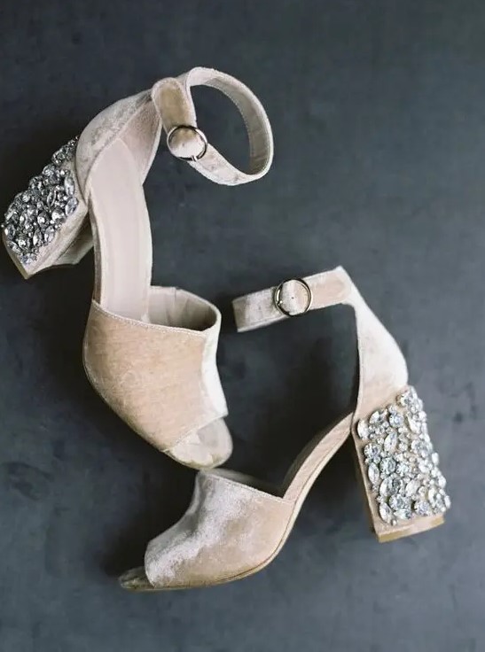 neutral velvet shoes with heavily embellished block heels are both comfortable and refined