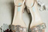 20 a pair of beautiful vintage-inspired embellished nude wedding shoes with block heels and ankle straps are adorable