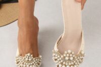 21 sophisticated neutral heavily embellished wedding mules with pearls and gold details are an amazing idea to spruce up the look