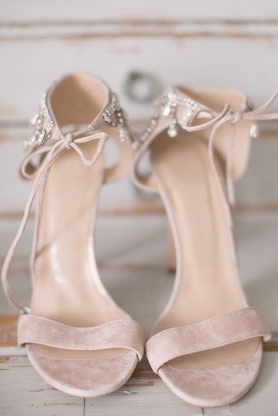 blush suede wedding shoes with embellished sides and laces are amazing for a delicate and romantic bridal look