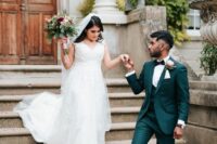 24 a dark green three-piece pantsuit, a white shirt, a black bow tie and black shoes compose a super elegant wedding outfit