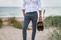 24 a relaxed summer wedding guest look with a white shirt, grey pants and brown loafers is a lovely idea