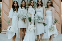 24 mismatching creamy mini and midi bridesmaid dresses will give your bridal party a fresh and edgy touch