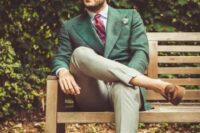 27 a spring or summer wedding guest outfit with a green checked blazer, a white shirt, a red striped tie and grey pants, brown loafers