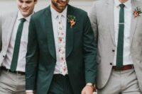 28 a green pantsuit, a white shirt, a floral tie and amber shoes are a cool combo for a summer or fall wedding