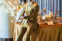 29 a stylish look with a yellow suit, a white shirt and white tie, brown shoes and blue socks for a summer wedding