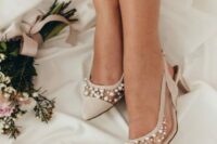 29 elegant feminine nude wedding slingbacks with sheer pars and pearls are fantastic for a chic and timeless bridal look