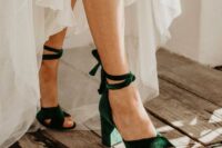 29 emerald green velvet lace up shoes with block heels and peep toes are amazing to add a bit of color