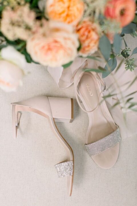 elegant nude wedding shoes with block heels, with ankle straps and embellished straps are a lovely pair to wear after the wedding, too