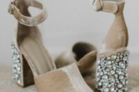 32 fantastic nude velvet wedding shoes with embellished block heels and ankle straps are a gorgeous addition to your bridal look