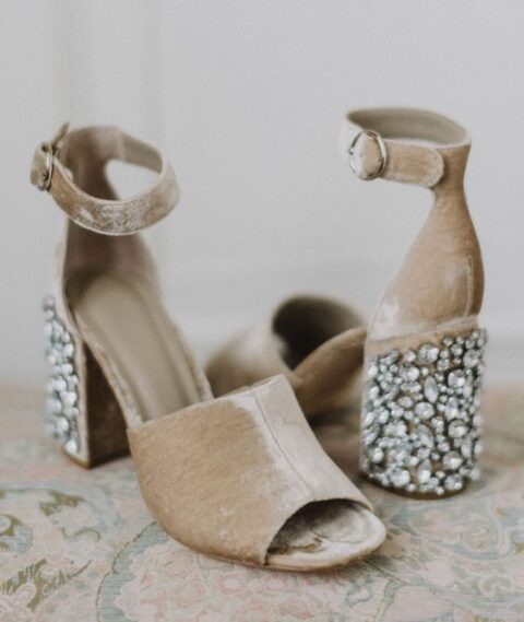fantastic nude velvet wedding shoes with embellished block heels and ankle straps are a gorgeous addition to your bridal look