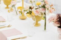 33 a bright and fun wedding tablescape with pink nap[kins and roses, with yellow bowls, vases and blooms is very modern