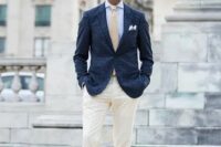 33 an elegant summer wedding guest look with a light blue shirt, a navy blazer, creamy pants, brown loafers, an ivory tie