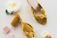 33 mustard velvet knot wedding mules with comfortable heels are a gorgeous and chic way to add a bit of color