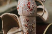 34 blush wedding shoes with bold floral embroidery and ankle straps are a fantastic idea for a boho bride