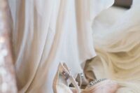 nude ankle strap wedding shoes with heavy embellishments and block heels for a shiny touch