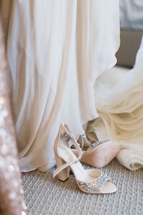 nude ankle strap wedding shoes with heavy embellishments and block heels for a shiny touch