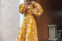 35 a two piece midi dress with an off the shoulder knot top with puff sleeves, a high waisted A-line skirt, strappy shoes for a summer wedding guest look