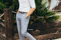 35 an informal summer wedding guest look with a white shirt, grey linen trousers, two-tone shoes and a brown belt