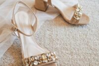 35 nude embellished wedding shoes with ankle straps are a cool idea for a wedding, they look and stylish and will add a touch of bling