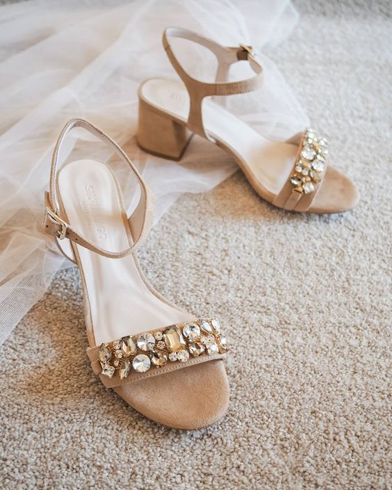 nude embellished wedding shoes with ankle straps are a cool idea for a wedding, they look and stylish and will add a touch of bling