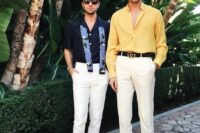 37 bold summer men wedding guest looks with white pants, a navy and a yellow shirt, black loafers and belts