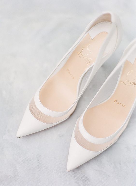 minimalist white wedding shoes with pointed toes, sheer inserts and ribbon edges are a chic minimal idea