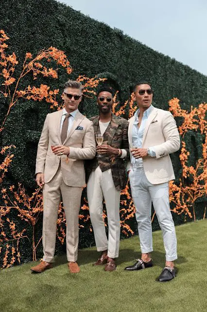 stylish summer men wedding guest looks with linen pantsuits, printed and non-printed blazers, loafers and t-shirt and shirts