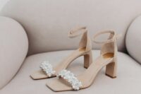 39 nude suede wedding shoes with ankle straps, low comfy heels and embellished tops are adorable for a bride