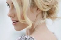 40 a messy and wavy updo with some volume on top, some locks down and an embellished hairpiece is a gorgeous idea to try