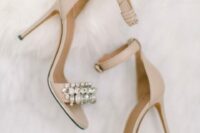 40 nude wedding shoes with ankle straps and heavily embellished straps are a great idea for a chic and glam bridal look