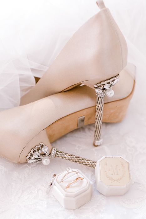 nude wedding shoes with embellished high heels and pearls are amazing for a wedding, they can give a chic touch to your look