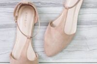42 nude suede flat shoes with T straps look stylish and will provide you with comfort adding a slight retro feel to the look