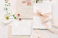 47 a romantic summer wedding invitation suite with blush envelopes and ribbon, raw edge invites and beautiful calligraphy