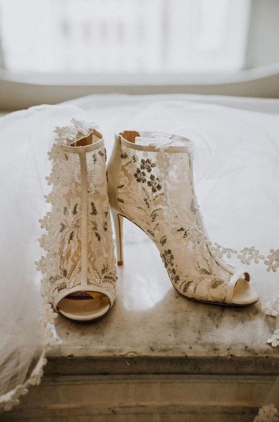 fully embellished floral peep toe booties will fit any bridal look - from a summer to a winter one