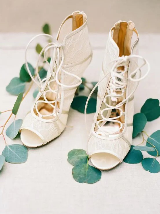 lace peep toe lace up booties for a romantic and very fashionable bridal look
