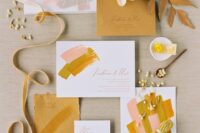 49 a stylish mustard, pink and white wedding invitation suite with brushstrokes and tassels is a cool and catchy idea for a modern wedding