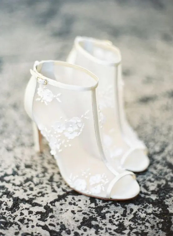 refined sheer wedding booties with 3D floral lace appliques and a peep toe