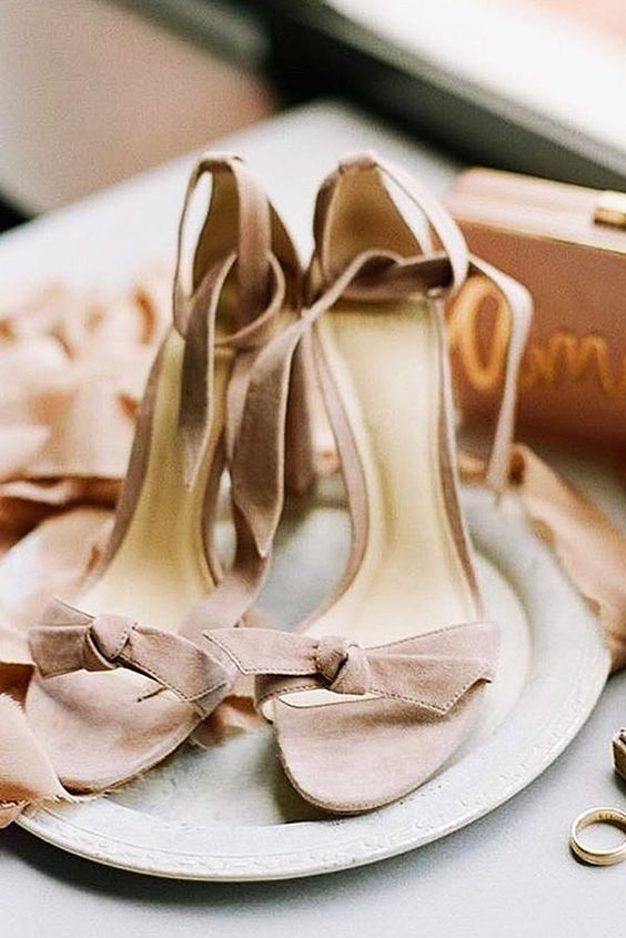 dusty pink suede wedding shoes with bows and ankle straps are amazing for a spring or summer wedding, add a delicate touch of color to your look with them