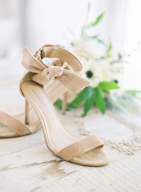elegant and girlish nude suede wedding shoes with knots on the ankles are amazing for a spring or summer wedding
